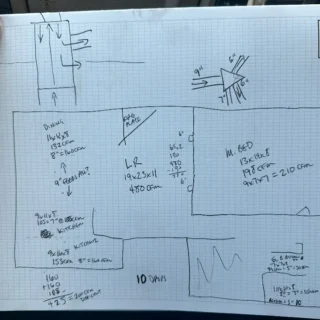 Hand-drawn HVAC system diagram showing ductwork layout, equipment specifications, and measurements for a Mesquite home cooling assessment